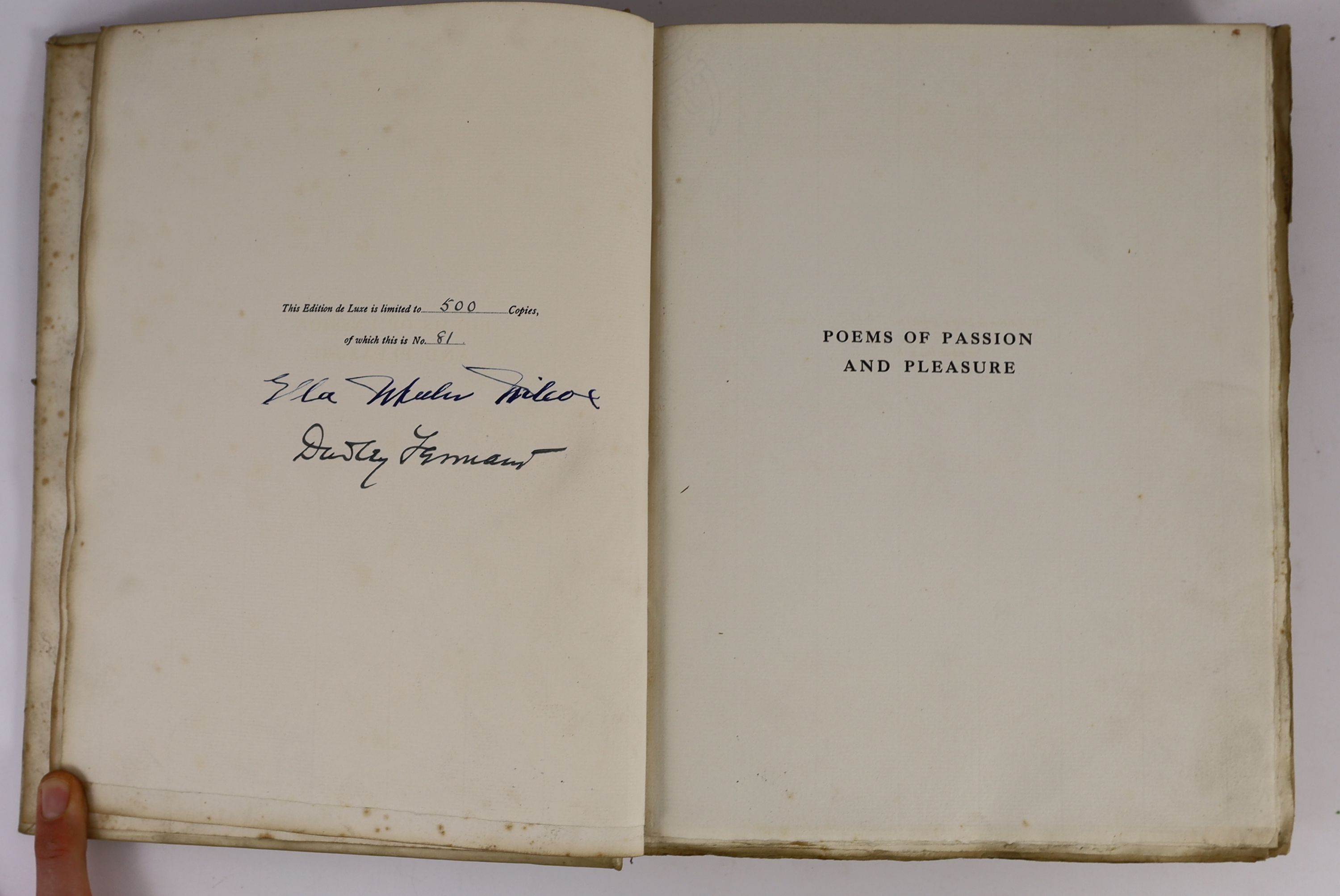 Wilcox, Ella Wheeler - Poems of Passion and Pleasure, de luxe issue, one of 500, signed by the poet and the illustrator, Dudley Tenant, with 20 tipped-in colour plates, 4to, vellum gilt, Gay and Hancock, London, [1912]